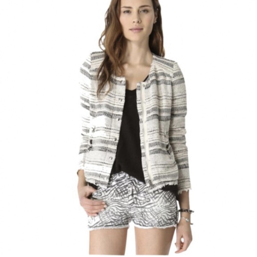 Iro Paris Lizzie Ivory & Black Boucle Tweed  Zip Front Blazer Jacket XS